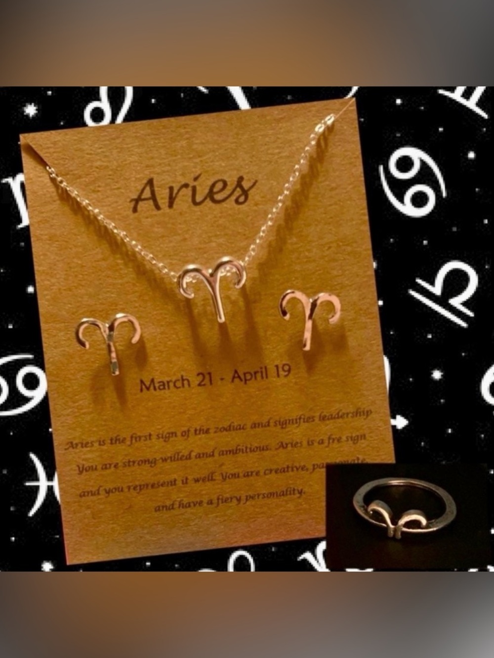 Aries Zodiac Necklace, Stud Earrings & Ring Set ♈️